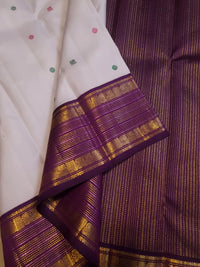 2G Pure Korvai Kanjivaram Silk Saree in Off White with Purple Border & Multicolour Peacock Buttas | Silkmark Certified