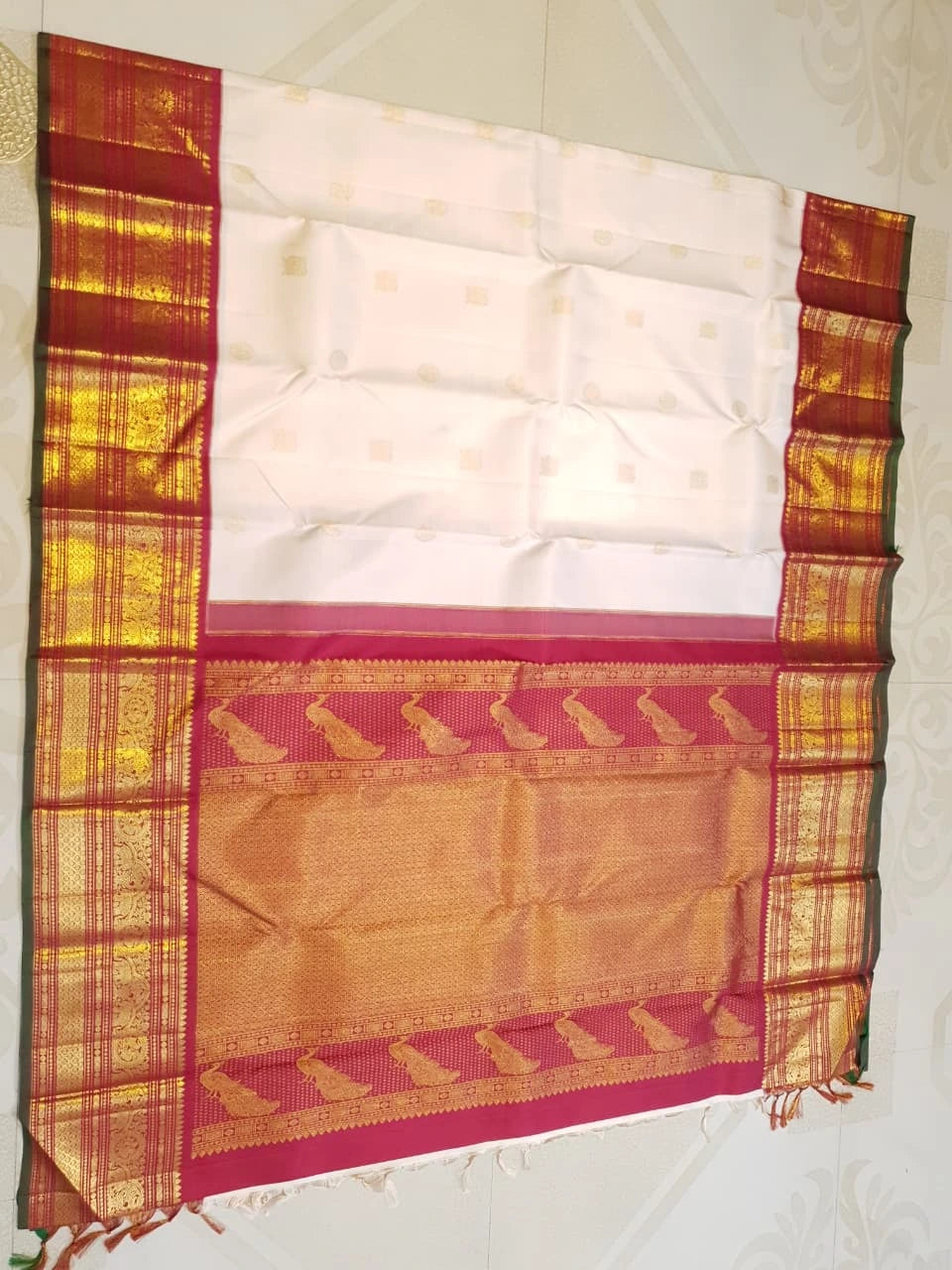 2G Pure Korvai Kanjivaram Silk Saree in Off White with Maroon Border | Silkmark Certified