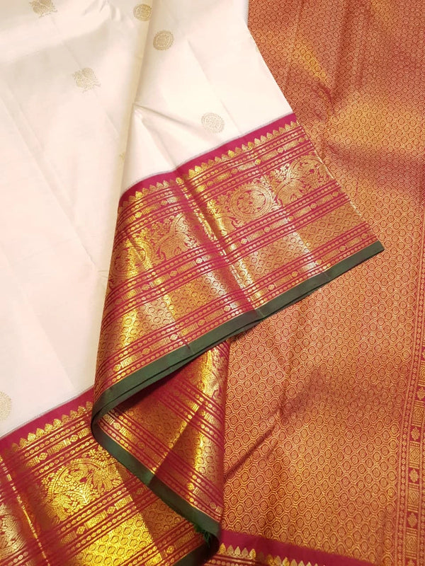 2G Pure Korvai Kanjivaram Silk Saree in Off White with Maroon Border | Silkmark Certified
