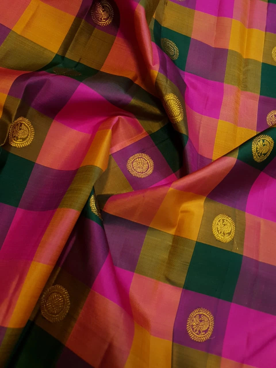 2G Pure Kanjivaram Silk Saree in Paalum Pazham Checks with Peacock Buttas & Gold Zari | Silkmark Certified