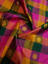 2G Pure Kanjivaram Silk Saree in Paalum Pazham Checks with Peacock Buttas & Gold Zari | Silkmark Certified