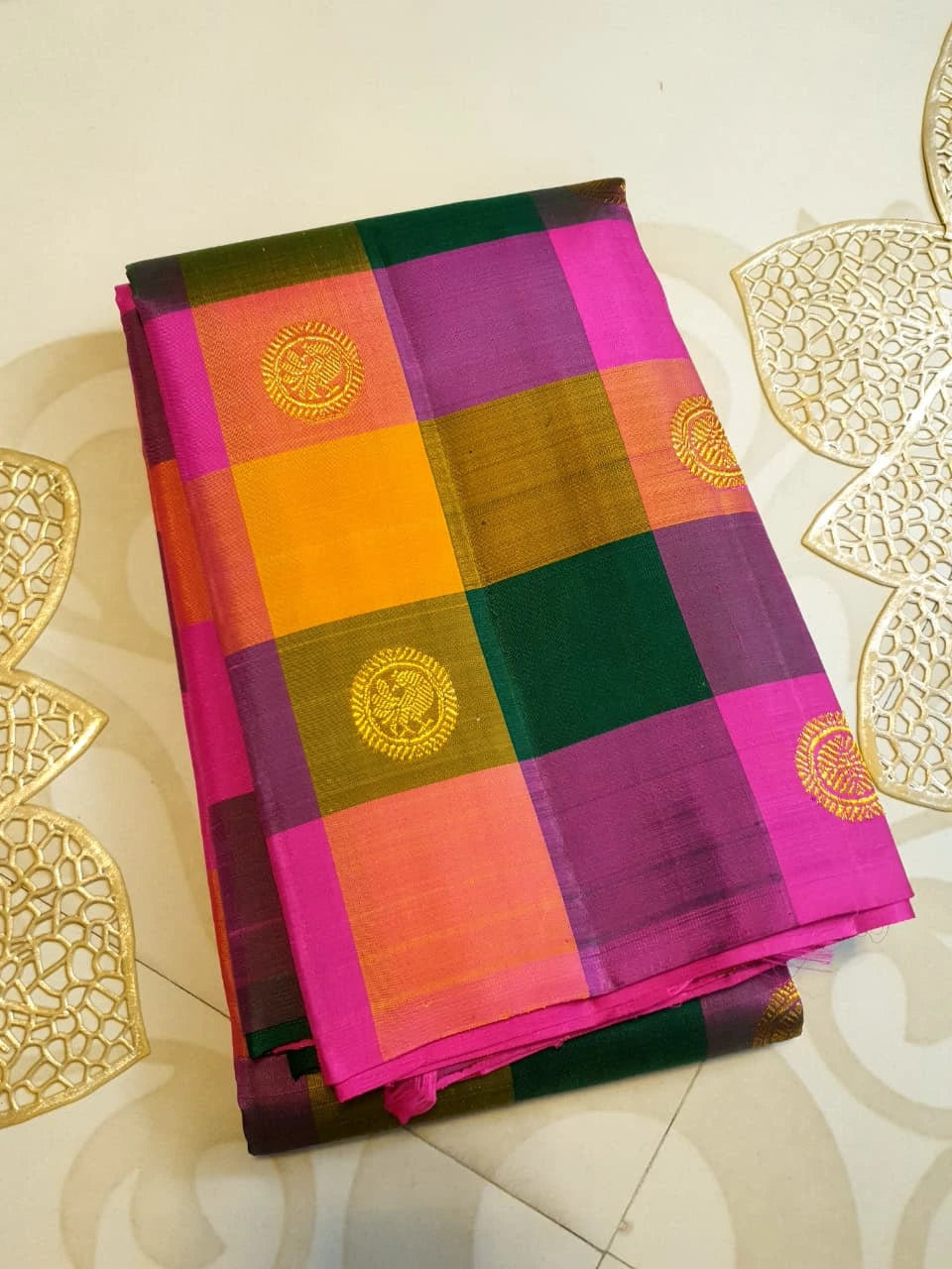 2G Pure Kanjivaram Silk Saree in Paalum Pazham Checks with Peacock Buttas & Gold Zari | Silkmark Certified