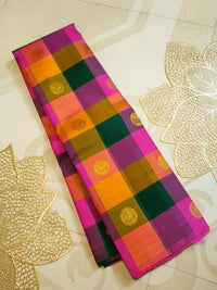 2G Pure Kanjivaram Silk Saree in Paalum Pazham Checks with Peacock Buttas & Gold Zari | Silkmark Certified