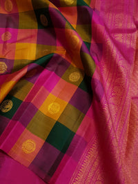 2G Pure Kanjivaram Silk Saree in Paalum Pazham Checks with Peacock Buttas & Gold Zari | Silkmark Certified