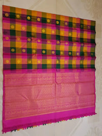 2G Pure Kanjivaram Silk Saree in Paalum Pazham Checks with Peacock Buttas & Gold Zari | Silkmark Certified