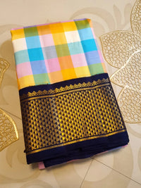 2G Pure Kanjivaram Silk Saree in Paalum pazham checks with Navy Blue| Silkmark Certified