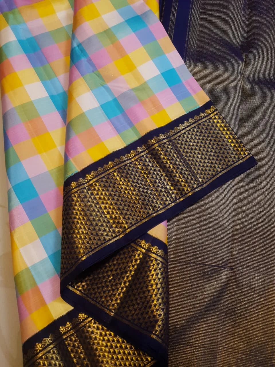 2G Pure Kanjivaram Silk Saree in Paalum pazham checks with Navy Blue| Silkmark Certified