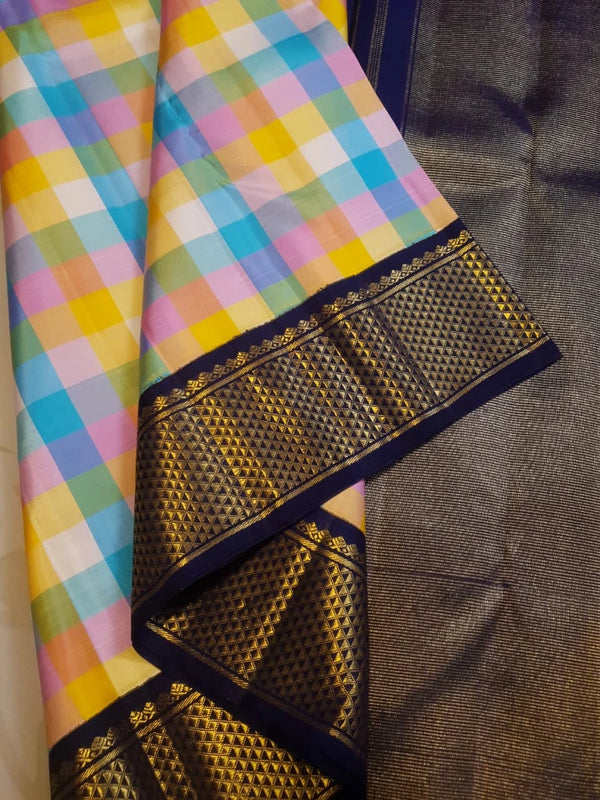 2G Pure Kanjivaram Silk Saree in Paalum pazham checks with Navy Blue| Silkmark Certified