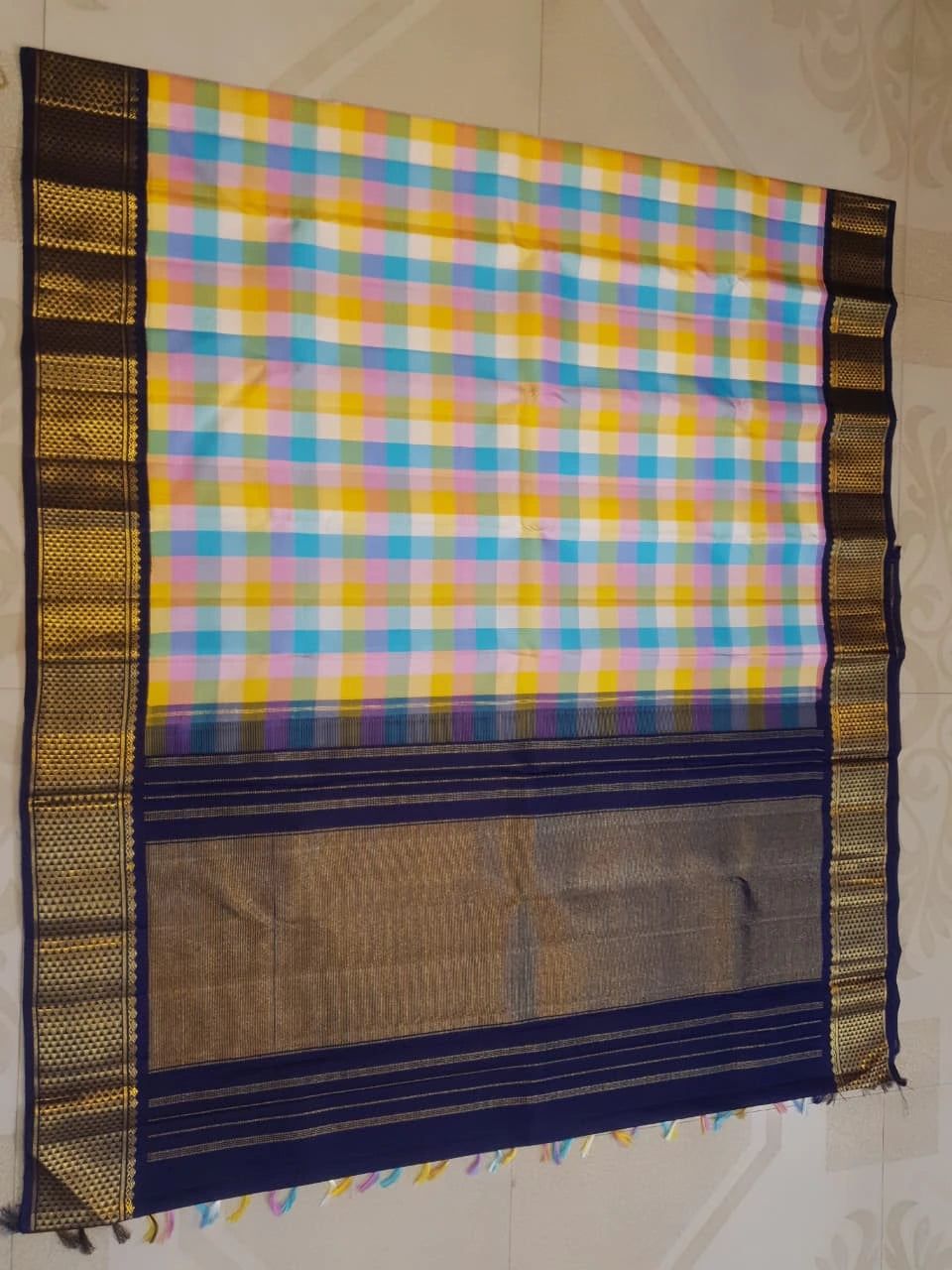 2G Pure Kanjivaram Silk Saree in Paalum pazham checks with Navy Blue| Silkmark Certified