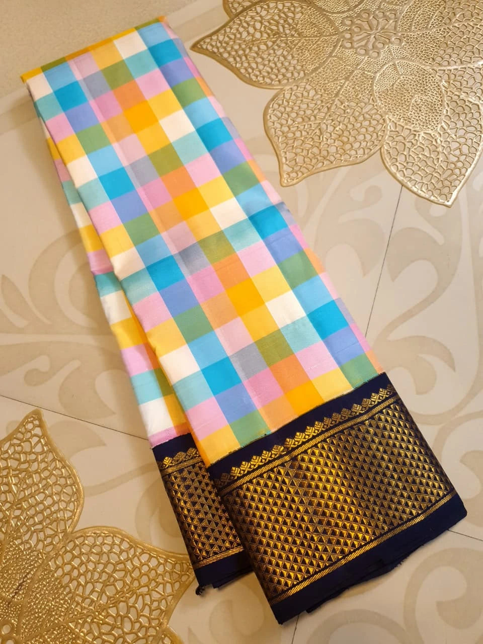 2G Pure Kanjivaram Silk Saree in Paalum pazham checks with Navy Blue| Silkmark Certified