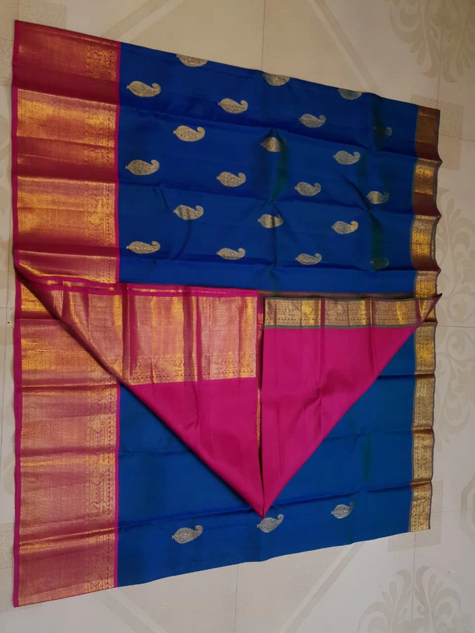 2G Pure Kanjivaram Silk Saree in Peacock Blue with Rani Pink | Silkmark Certified