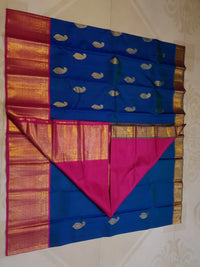 2G Pure Kanjivaram Silk Saree in Peacock Blue with Rani Pink | Silkmark Certified