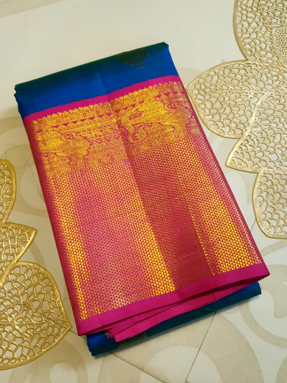 2G Pure Kanjivaram Silk Saree in Peacock Blue with Rani Pink | Silkmark Certified