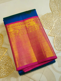 2G Pure Kanjivaram Silk Saree in Peacock Blue with Rani Pink | Silkmark Certified