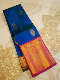 2G Pure Kanjivaram Silk Saree in Peacock Blue with Rani Pink | Silkmark Certified