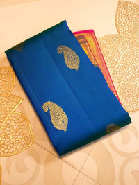 2G Pure Kanjivaram Silk Saree in Peacock Blue with Rani Pink | Silkmark Certified