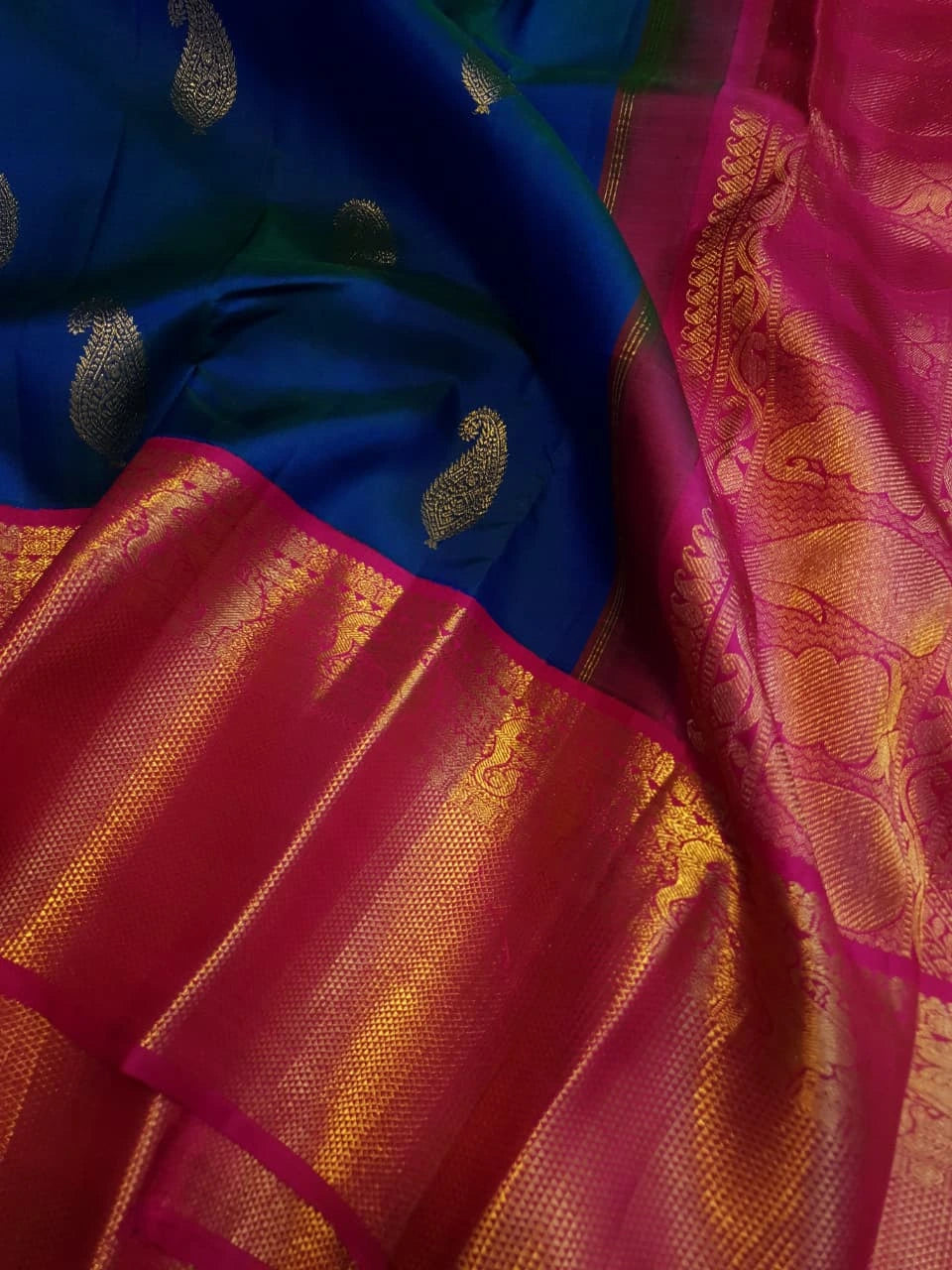 2G Pure Kanjivaram Silk Saree in Peacock Blue with Rani Pink | Silkmark Certified