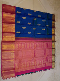 2G Pure Kanjivaram Silk Saree in Peacock Blue with Rani Pink | Silkmark Certified