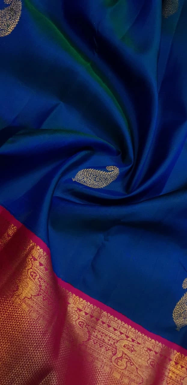 2G Pure Kanjivaram Silk Saree in Peacock Blue with Rani Pink | Silkmark Certified