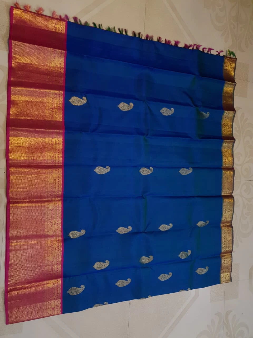 2G Pure Kanjivaram Silk Saree in Peacock Blue with Rani Pink | Silkmark Certified