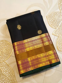 2G Pure Kanjivaram Silk Saree in Black with Antique Gold Zari  Mustard Border | Silkmark Certified