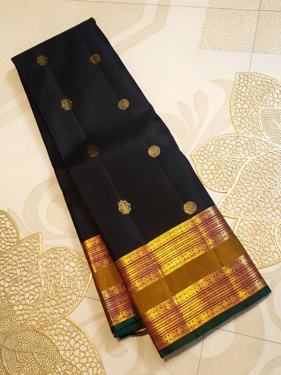 2G Pure Kanjivaram Silk Saree in Black with Antique Gold Zari  Mustard Border | Silkmark Certified