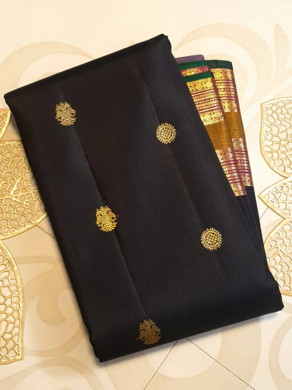 2G Pure Kanjivaram Silk Saree in Black with Antique Gold Zari  Mustard Border | Silkmark Certified