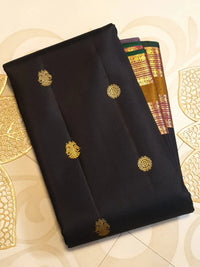 2G Pure Kanjivaram Silk Saree in Black with Antique Gold Zari  Mustard Border | Silkmark Certified