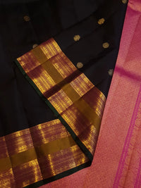 2G Pure Kanjivaram Silk Saree in Black with Antique Gold Zari  Mustard Border | Silkmark Certified