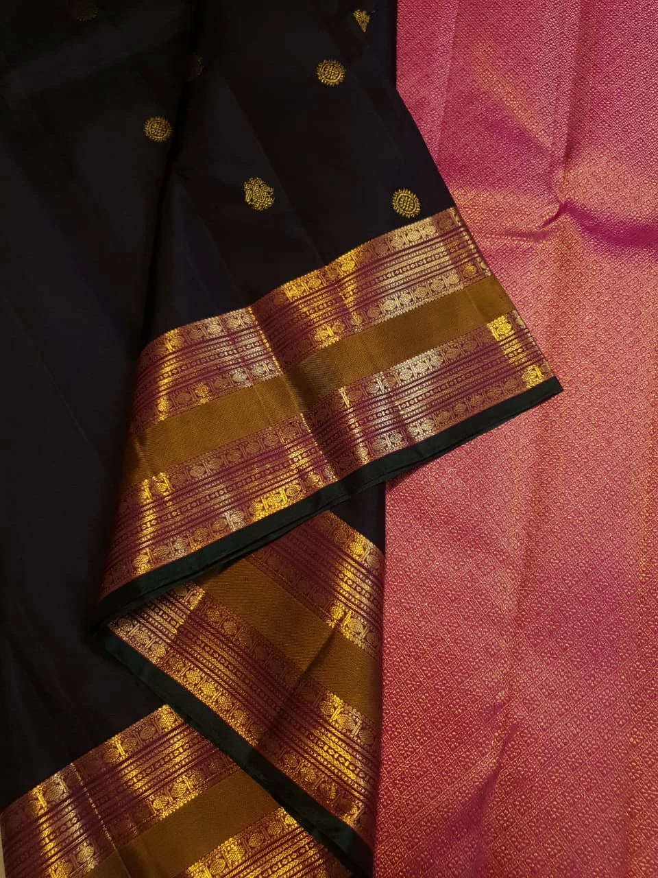 2G Pure Kanjivaram Silk Saree in Black with Antique Gold Zari  Mustard Border | Silkmark Certified