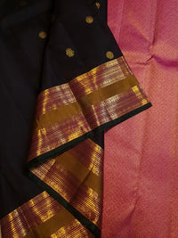 2G Pure Kanjivaram Silk Saree in Black with Antique Gold Zari  Mustard Border | Silkmark Certified