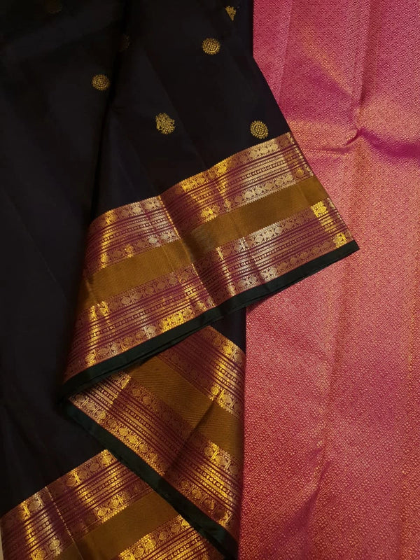 2G Pure Kanjivaram Silk Saree in Black with Antique Gold Zari  Mustard Border | Silkmark Certified