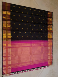 2G Pure Kanjivaram Silk Saree in Black with Antique Gold Zari  Mustard Border | Silkmark Certified