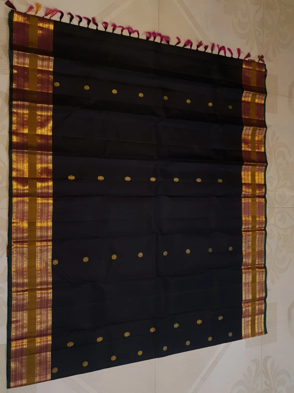 2G Pure Kanjivaram Silk Saree in Black with Antique Gold Zari  Mustard Border | Silkmark Certified