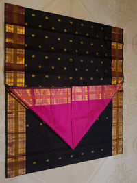 2G Pure Kanjivaram Silk Saree in Black with Antique Gold Zari  Mustard Border | Silkmark Certified