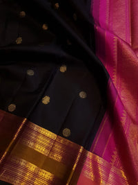 2G Pure Kanjivaram Silk Saree in Black with Antique Gold Zari  Mustard Border | Silkmark Certified