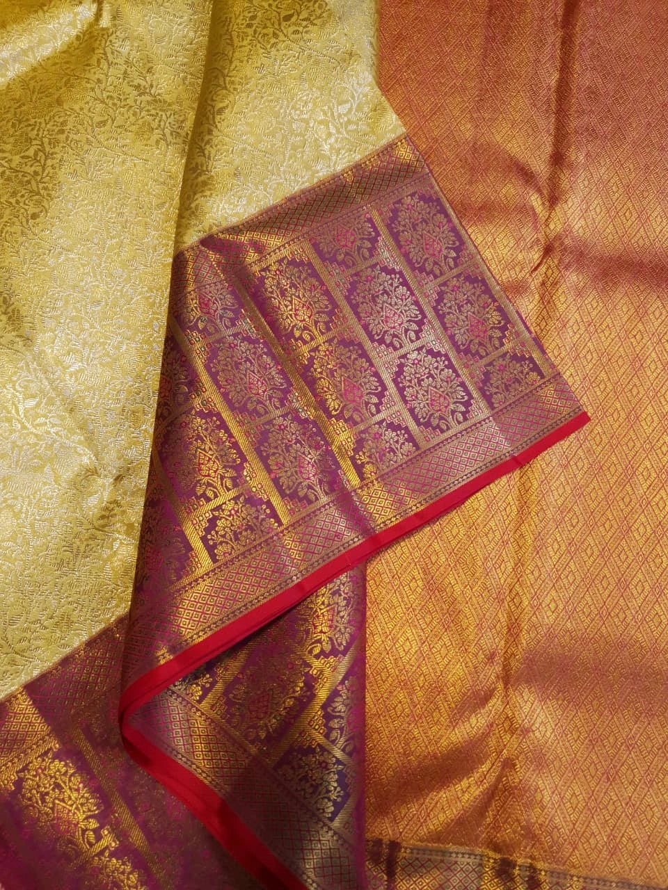 2G Pure Korvai  Kanjivaram Silk Saree in Cream Gold with Rich Magenta Floral Zari Border  | Silkmark Certified