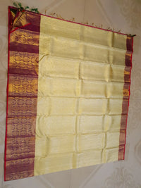 2G Pure Korvai  Kanjivaram Silk Saree in Cream Gold with Rich Magenta Floral Zari Border  | Silkmark Certified