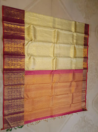 2G Pure Korvai  Kanjivaram Silk Saree in Cream Gold with Rich Magenta Floral Zari Border  | Silkmark Certified