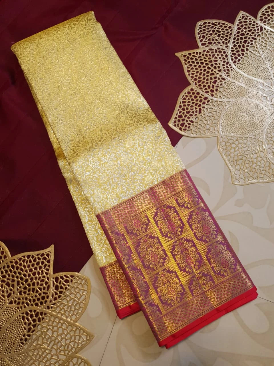 2G Pure Korvai  Kanjivaram Silk Saree in Cream Gold with Rich Magenta Floral Zari Border  | Silkmark Certified