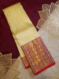 2G Pure Korvai  Kanjivaram Silk Saree in Cream Gold with Rich Magenta Floral Zari Border  | Silkmark Certified