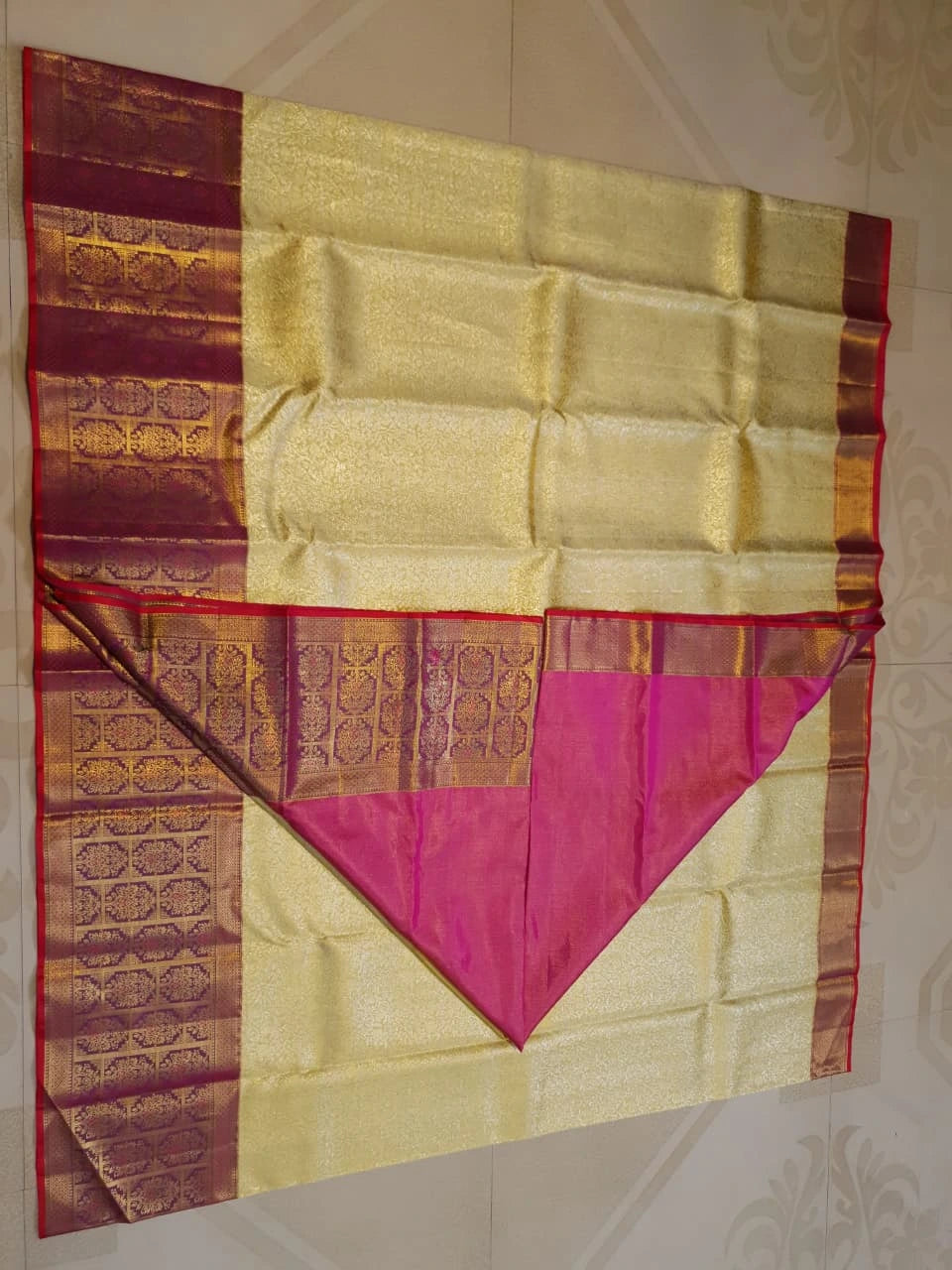 2G Pure Korvai  Kanjivaram Silk Saree in Cream Gold with Rich Magenta Floral Zari Border  | Silkmark Certified