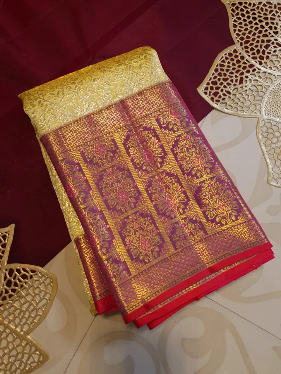 2G Pure Korvai  Kanjivaram Silk Saree in Cream Gold with Rich Magenta Floral Zari Border  | Silkmark Certified