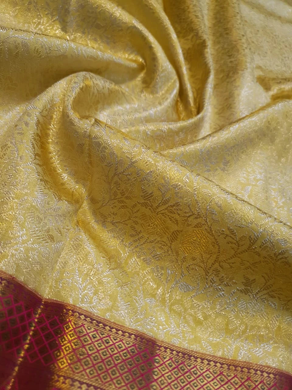 2G Pure Korvai  Kanjivaram Silk Saree in Cream Gold with Rich Magenta Floral Zari Border  | Silkmark Certified