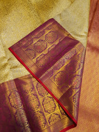 2G Pure Korvai  Kanjivaram Silk Saree in Cream Gold with Rich Magenta Floral Zari Border  | Silkmark Certified