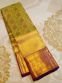 2G Pure Kanjivaram Silk Saree in Lime Green with Gold Floral Vines color | Silkmark Certified