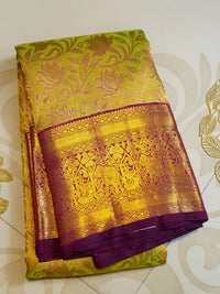 2G Pure Kanjivaram Silk Saree in Lime Green with Gold Floral Vines color | Silkmark Certified