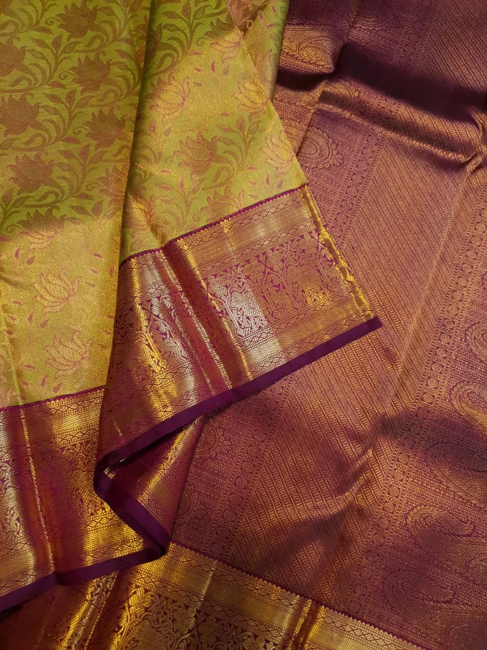 2G Pure Kanjivaram Silk Saree in Lime Green with Gold Floral Vines color | Silkmark Certified