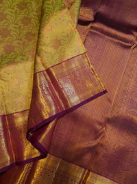 2G Pure Kanjivaram Silk Saree in Lime Green with Gold Floral Vines color | Silkmark Certified
