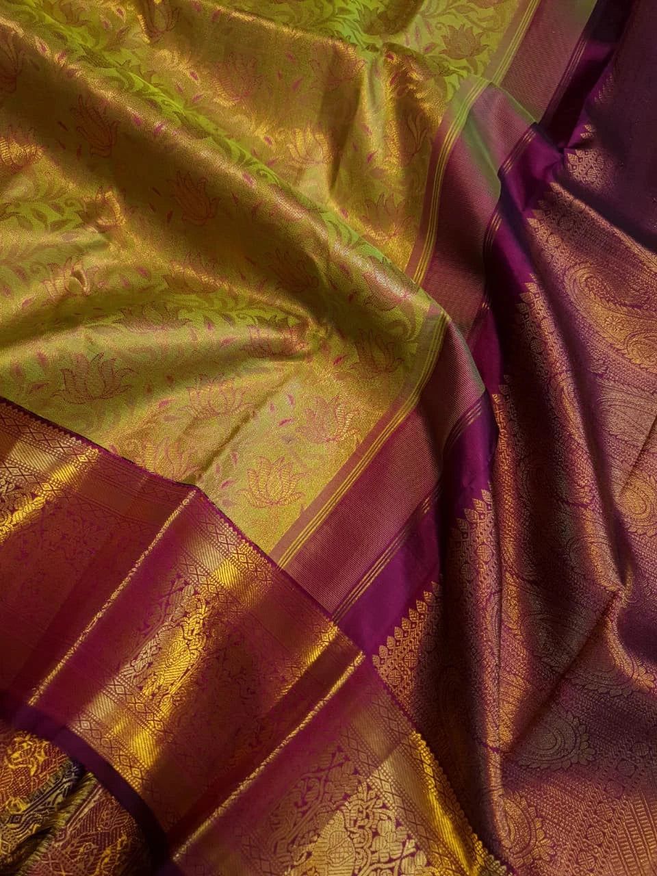 2G Pure Kanjivaram Silk Saree in Lime Green with Gold Floral Vines color | Silkmark Certified
